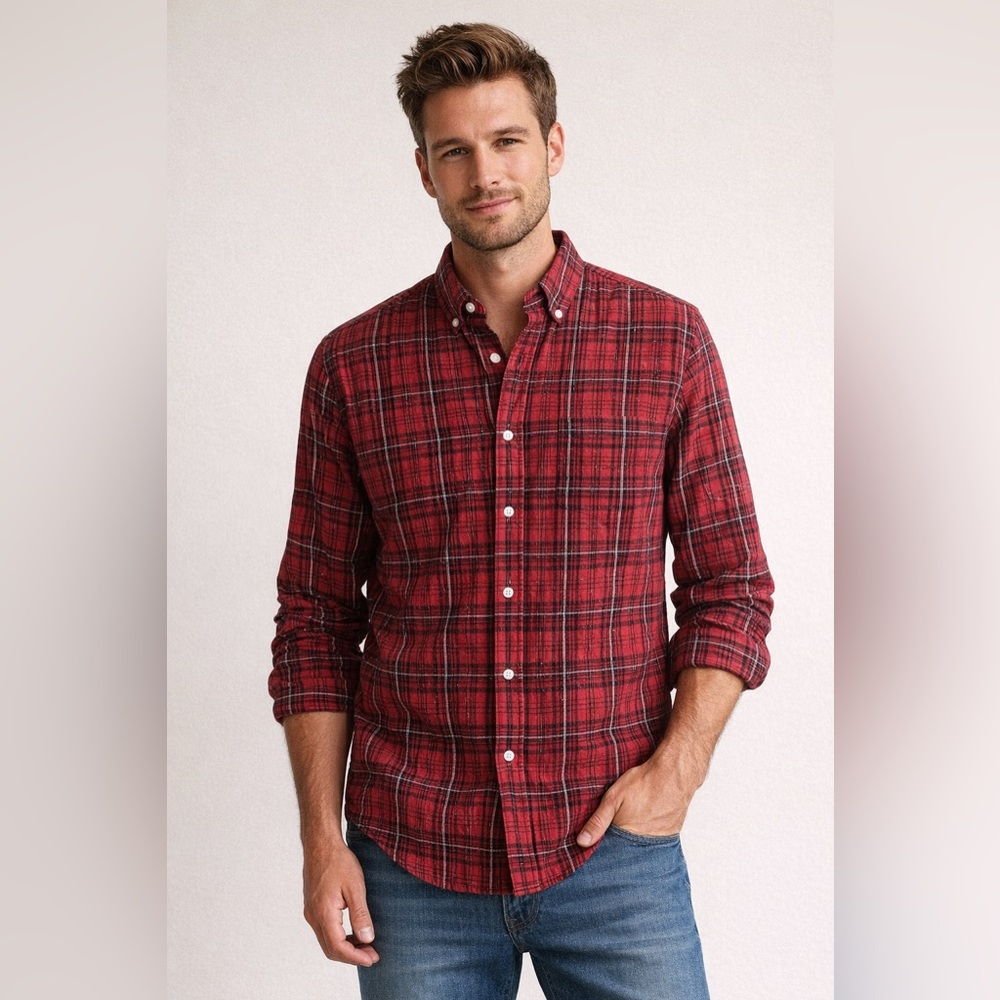 FIVE FOUR Red Plaid Flannel-Feel Button Down Shirt - Linen/Cotton - L